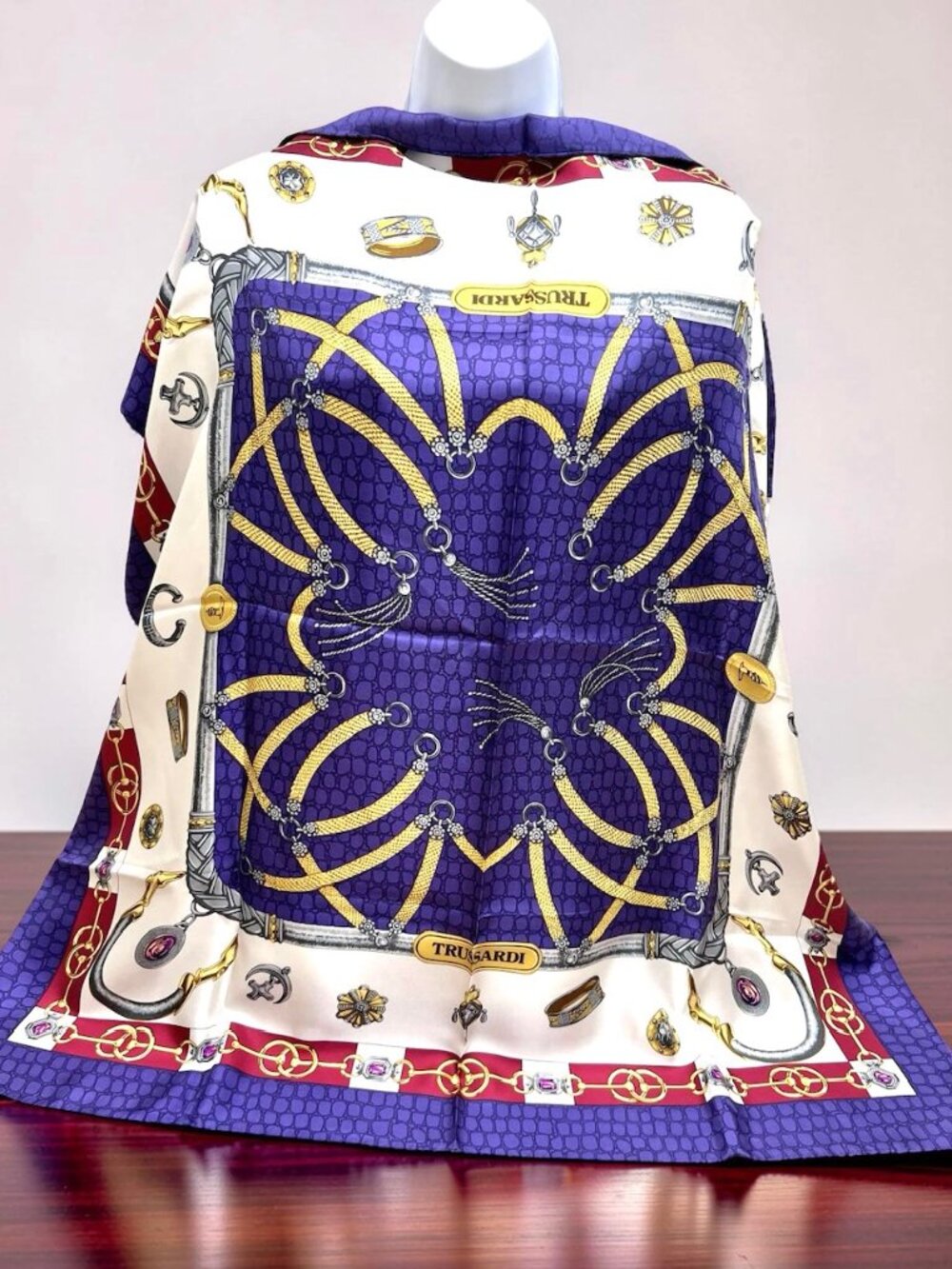 New- Beautiful Trussardi 100% silk Scarf satin 35" Purple Blue White Gold (17 - Picture 11 of 16